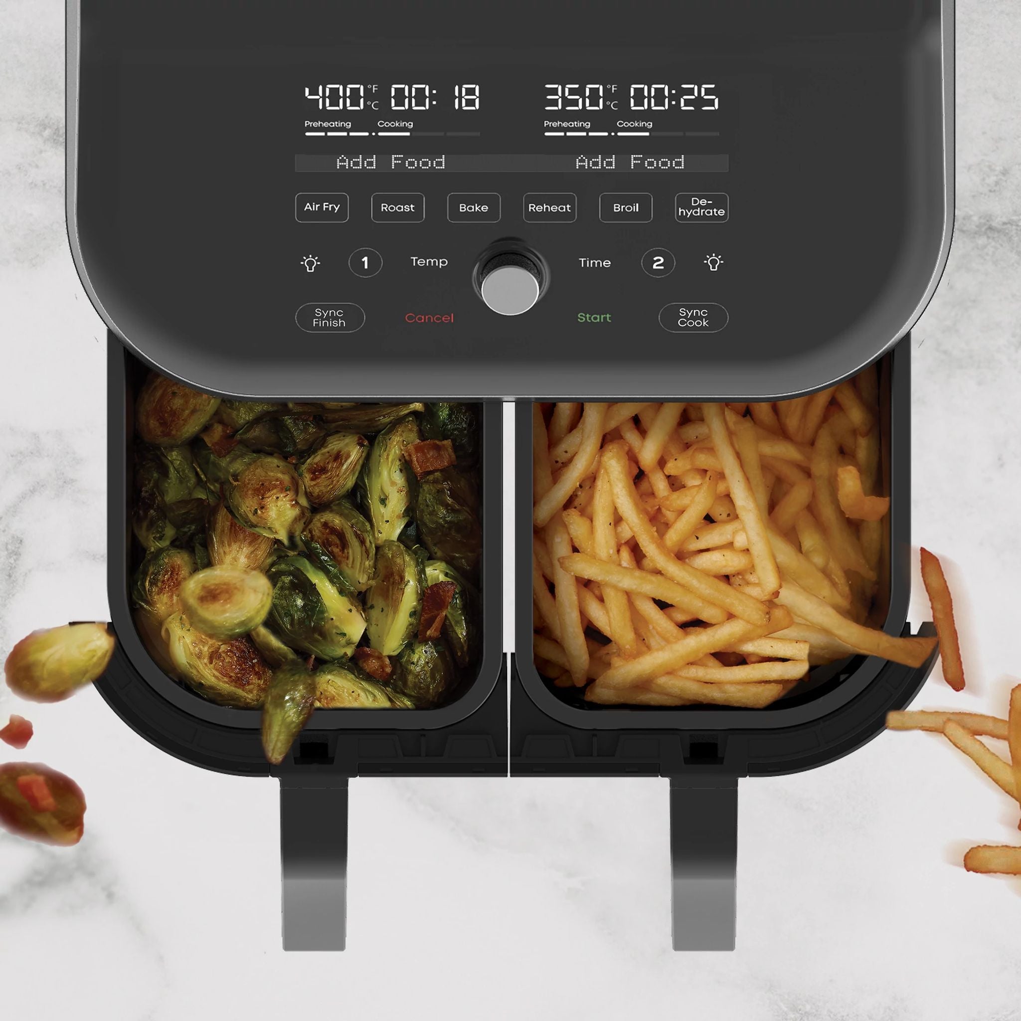 Dual air fryer with 2 baskets top