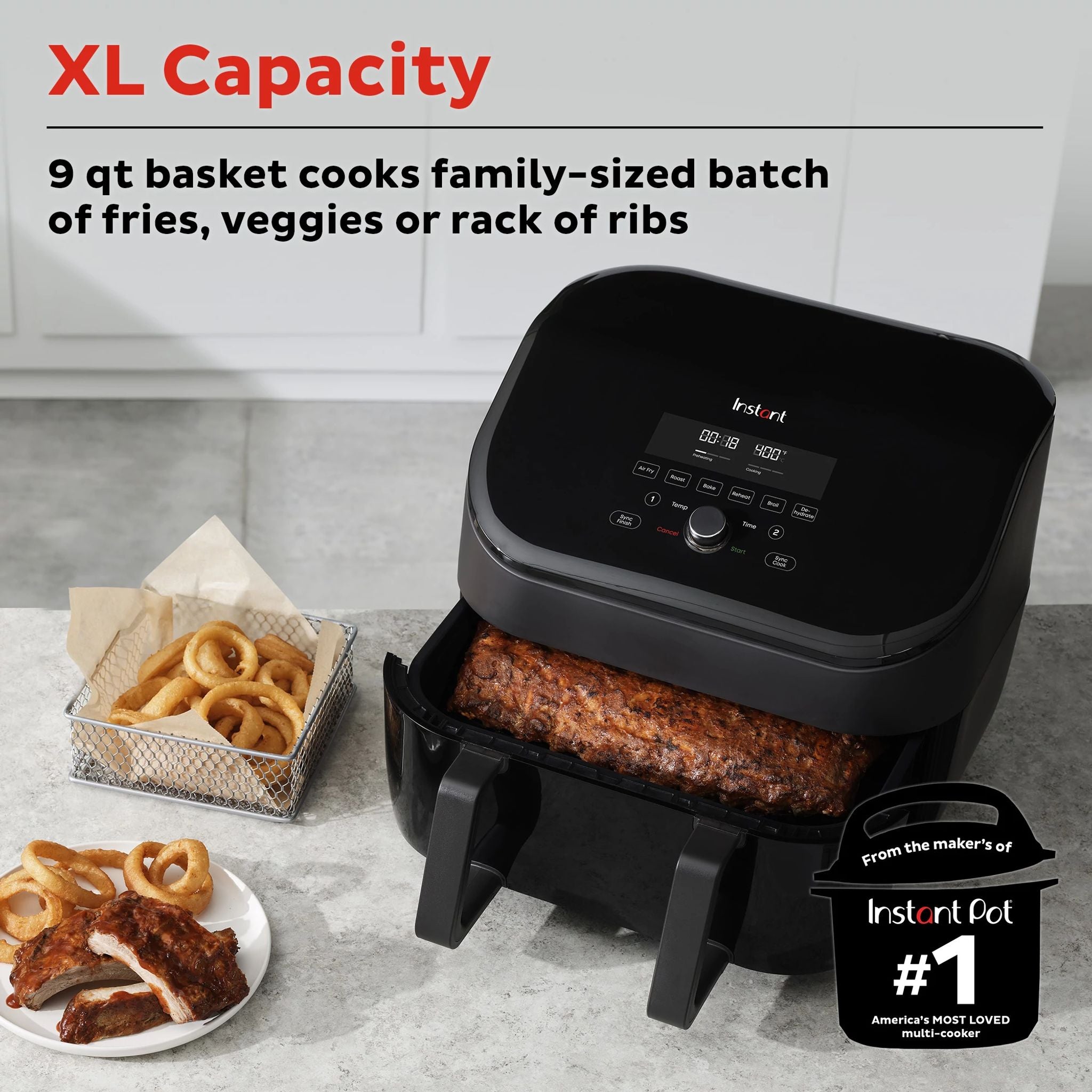  Instant Vortex 9-qt Air Fryer with VersaZone Technology with text XL Capacity 9qt basket cooks family sized batch 