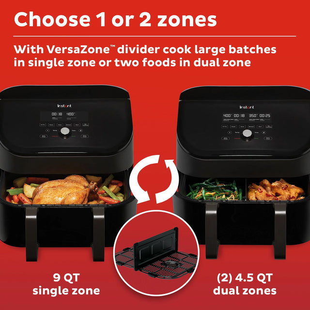 Instant Vortex 9-qt Air Fryer with VersaZone Technology with text Choose 1 or 2 zones with divider cook large batches 