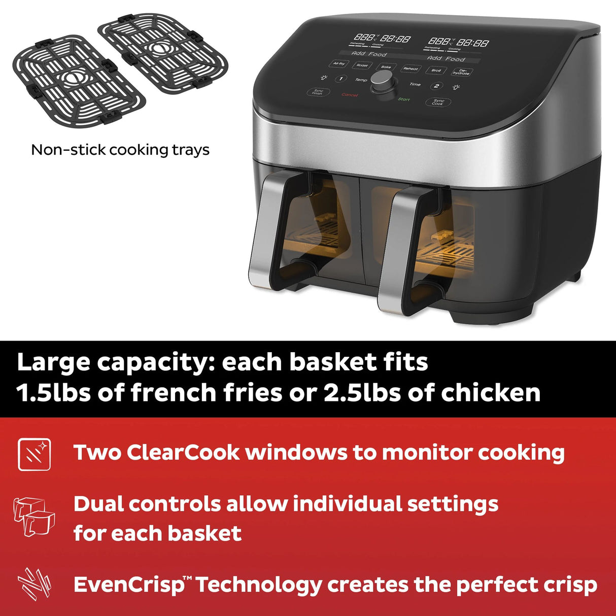 Vortex Plus Dual 8-qt Stainless Steel Air Fryer with ClearCook large capacity baskest holds 1.5lbs french fries / 2.5lbs chicken