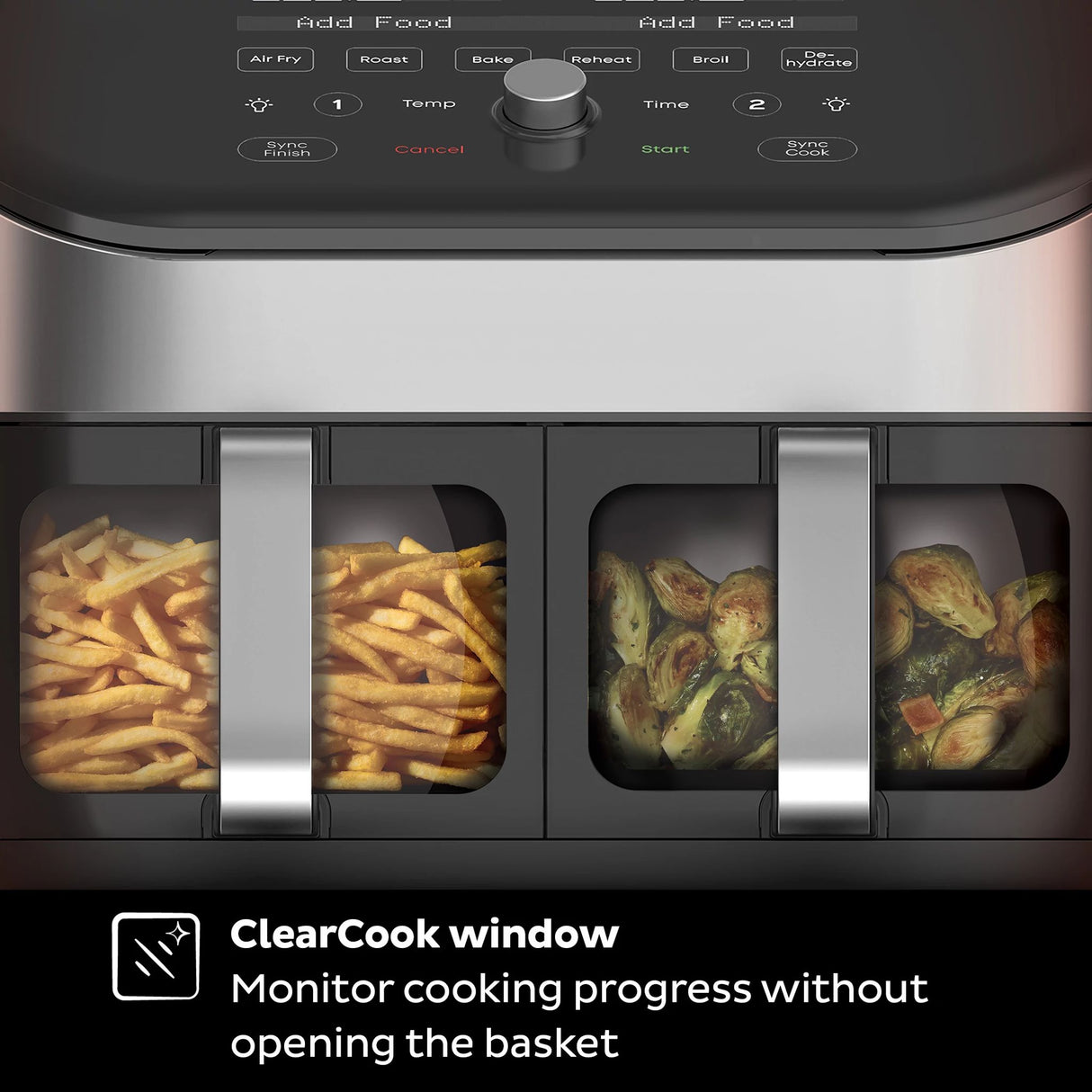  Vortex™ Plus Dual 8-quart Stainless Steel Air Fryer with ClearCook front view with food inside