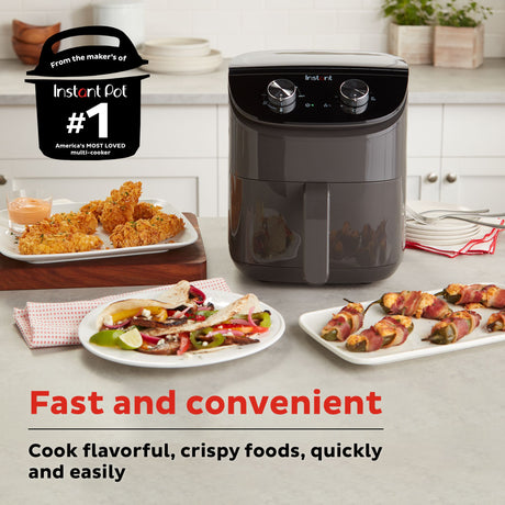  Instant™ Essentials 4-quart Air Fryer on the counter with food and text on photo fast &amp; convenient cook flavorful, crispy foods