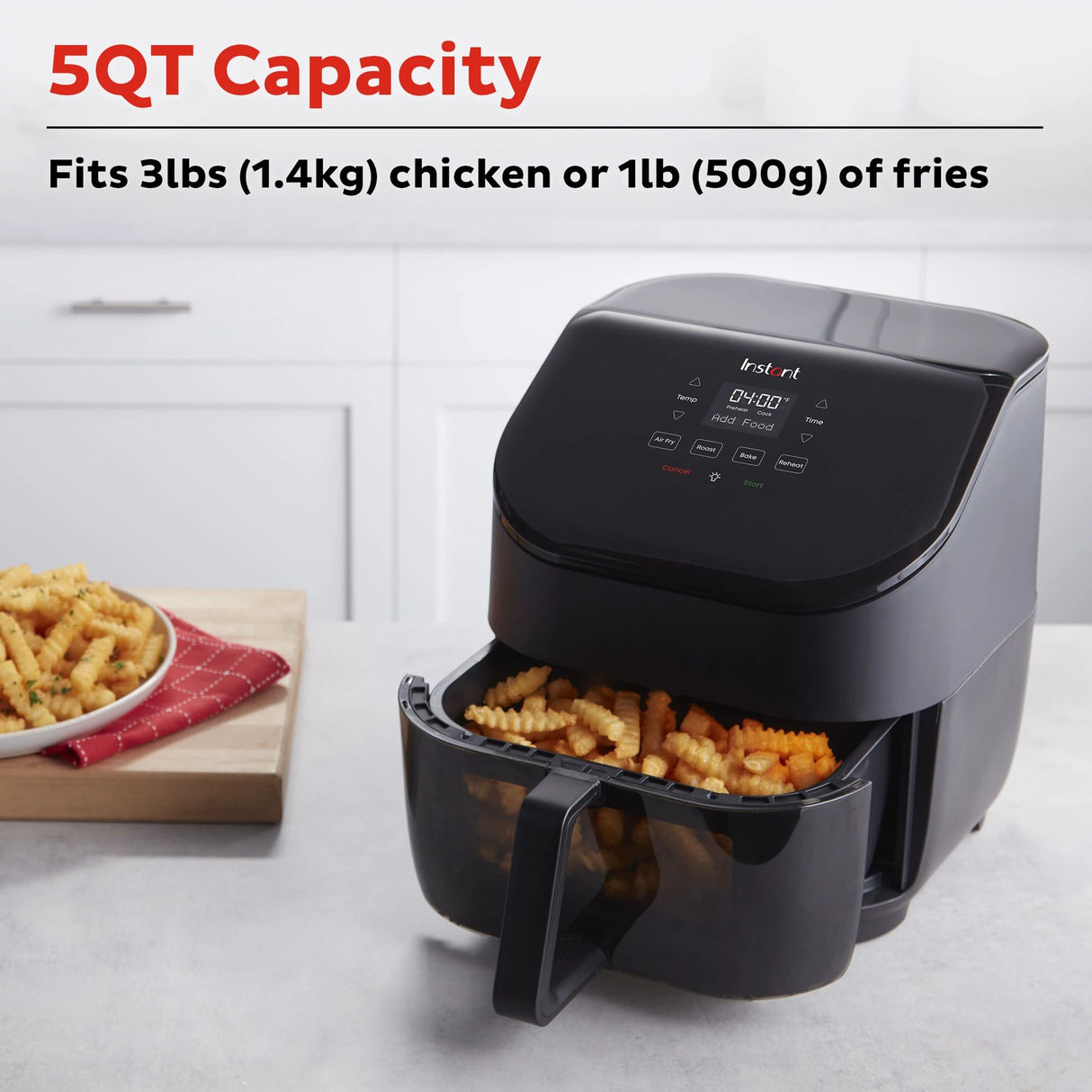  Instant Vortex 5-qt Air Fryer with ClearCook with text fits 3lbs chicken or 1lb fries