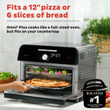  18L Omni Plus Toaster Oven with text that says Fits a 12 inch pizza or 4 pound chicken
