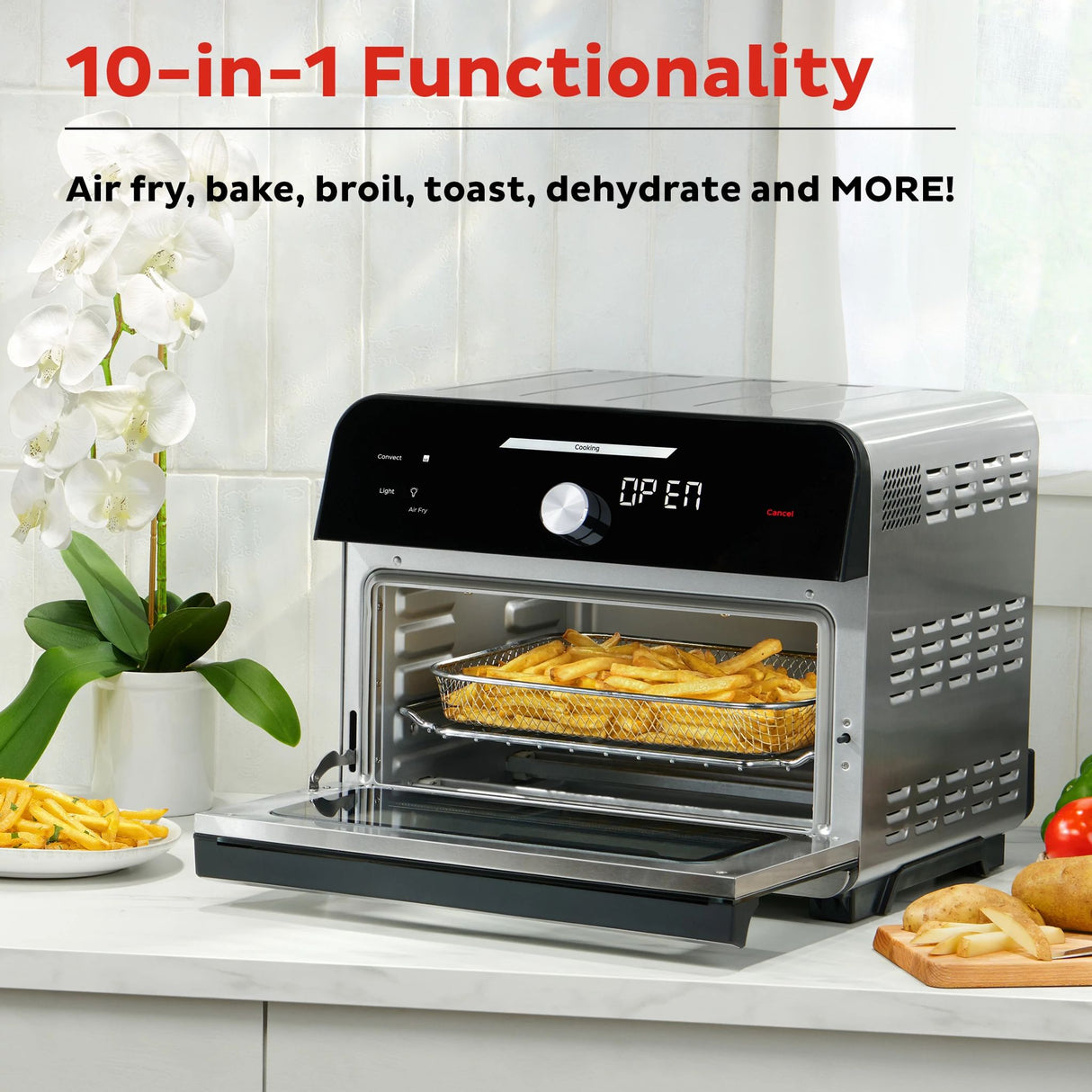  Instant Pot 18L Omni Plus Toaster Oven  front panel-text that says 10 in 1 functionality