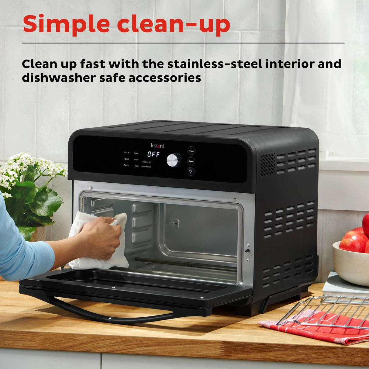  Instant Omni™ Pro 18L Toaster Oven with text Simple clean-up