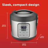  Instant Zest 8-cup Rice and Grain Cooker shown with dimensions and text sleek, compact design