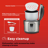 Instant Zest 8-cup Rice &amp; Grain Cooker shown with accessories and text easy cleanup