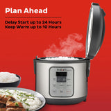  Instant Zest 8-cup Rice &amp; Grain Cooker with text plan ahead delay start up to 24 hrs &amp; keep warm up to 10 hrs