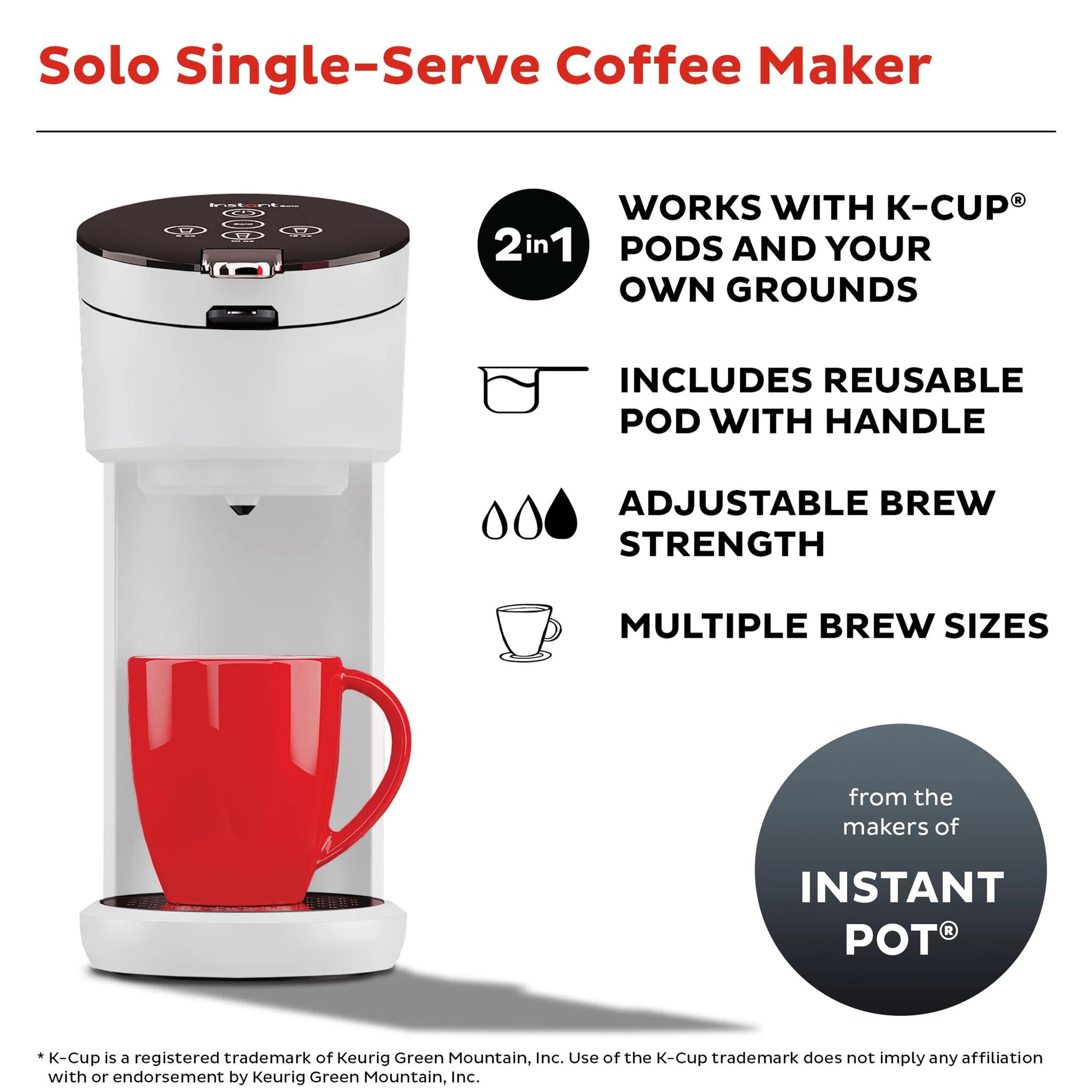  Instant Solo White Single Serve Coffee Maker with text single serve coffee maker