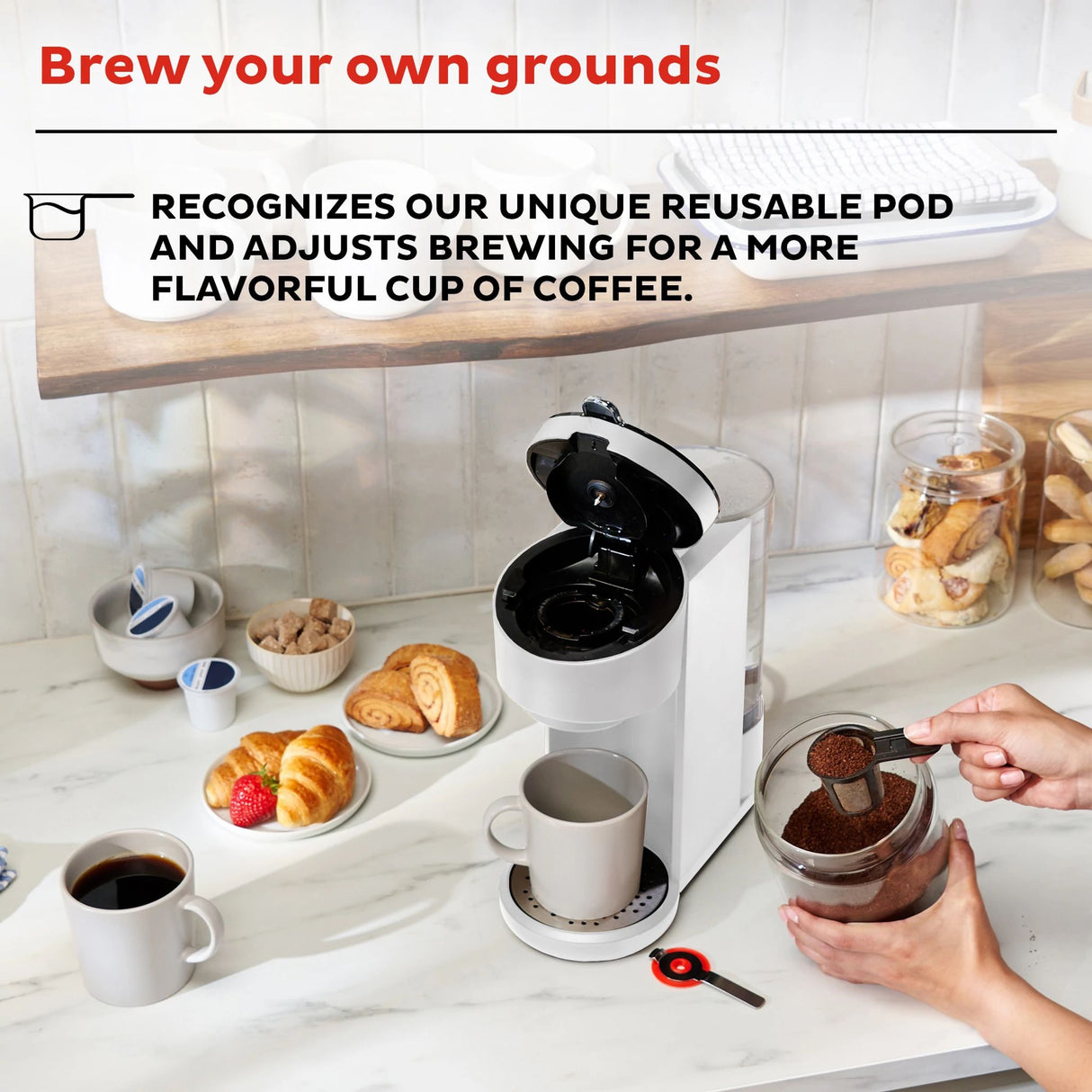  Instant Solo White Single Serve Coffee Maker with text brew your own grounds