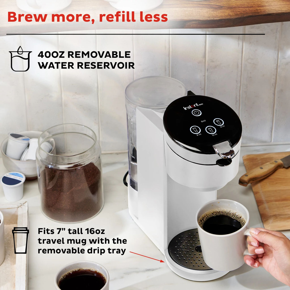  Instant Solo White Single Serve Coffee Maker with text brew more, refill less