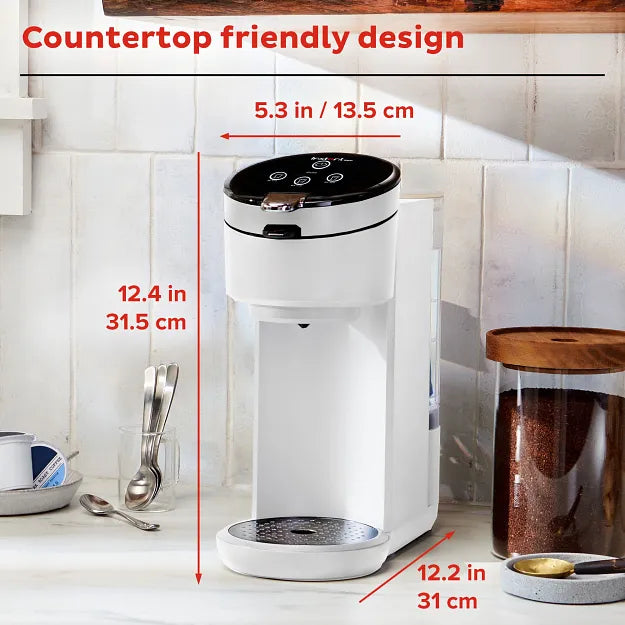  Instant Solo White Single Serve Coffee Maker with text countertop friendly design