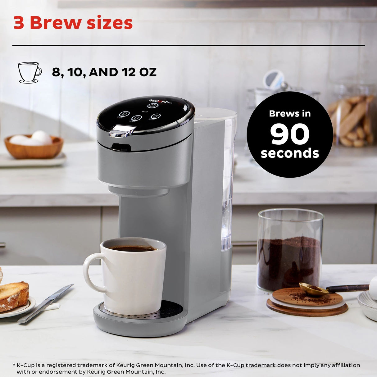  Instant Gray Solo Single Serve Coffee Maker with text 3 brew sizes
