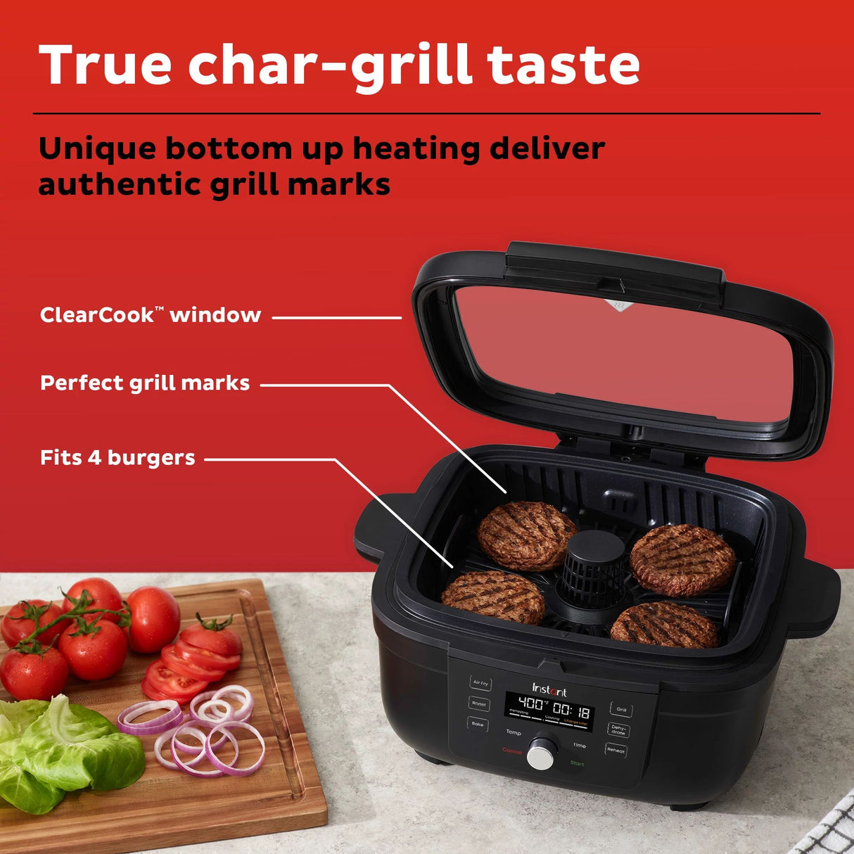  Instant® Indoor Grill and Air Fryer with text True char-grill taste