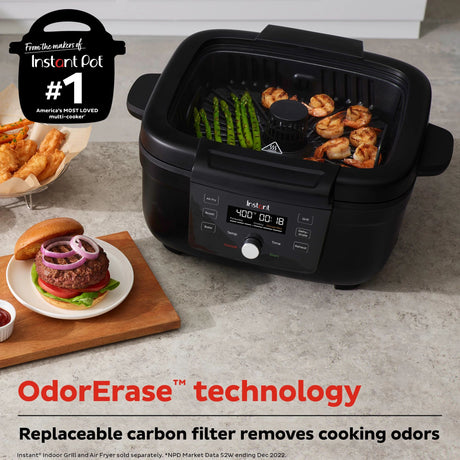  Instant Air Fryer Grill on counter with text OdorErase technology replaceable carbon filter removes cooking odors