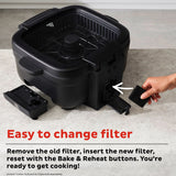  Instant Air Fryer Grill on counter with text easy to change filter, remove old filter, insert new filter, reset